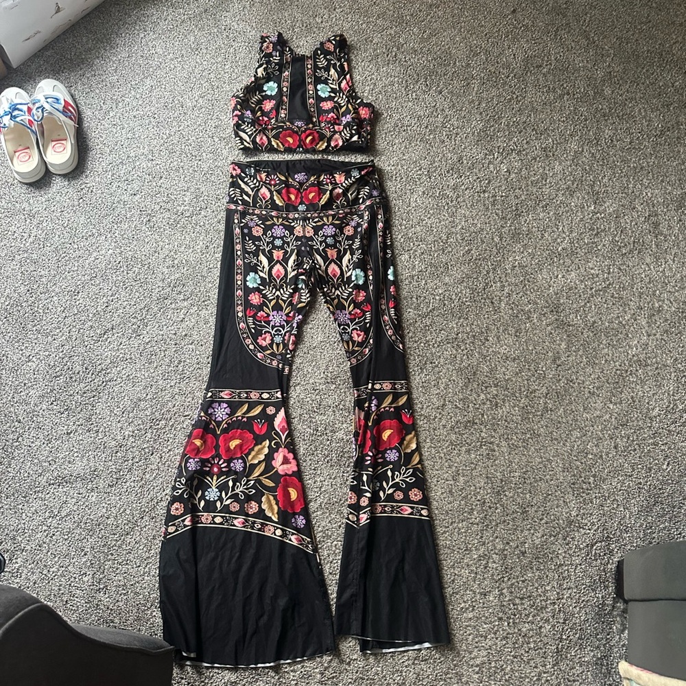 Yoga Democracy Black Embroidered Floral Bell-Bottom Jumpsuit